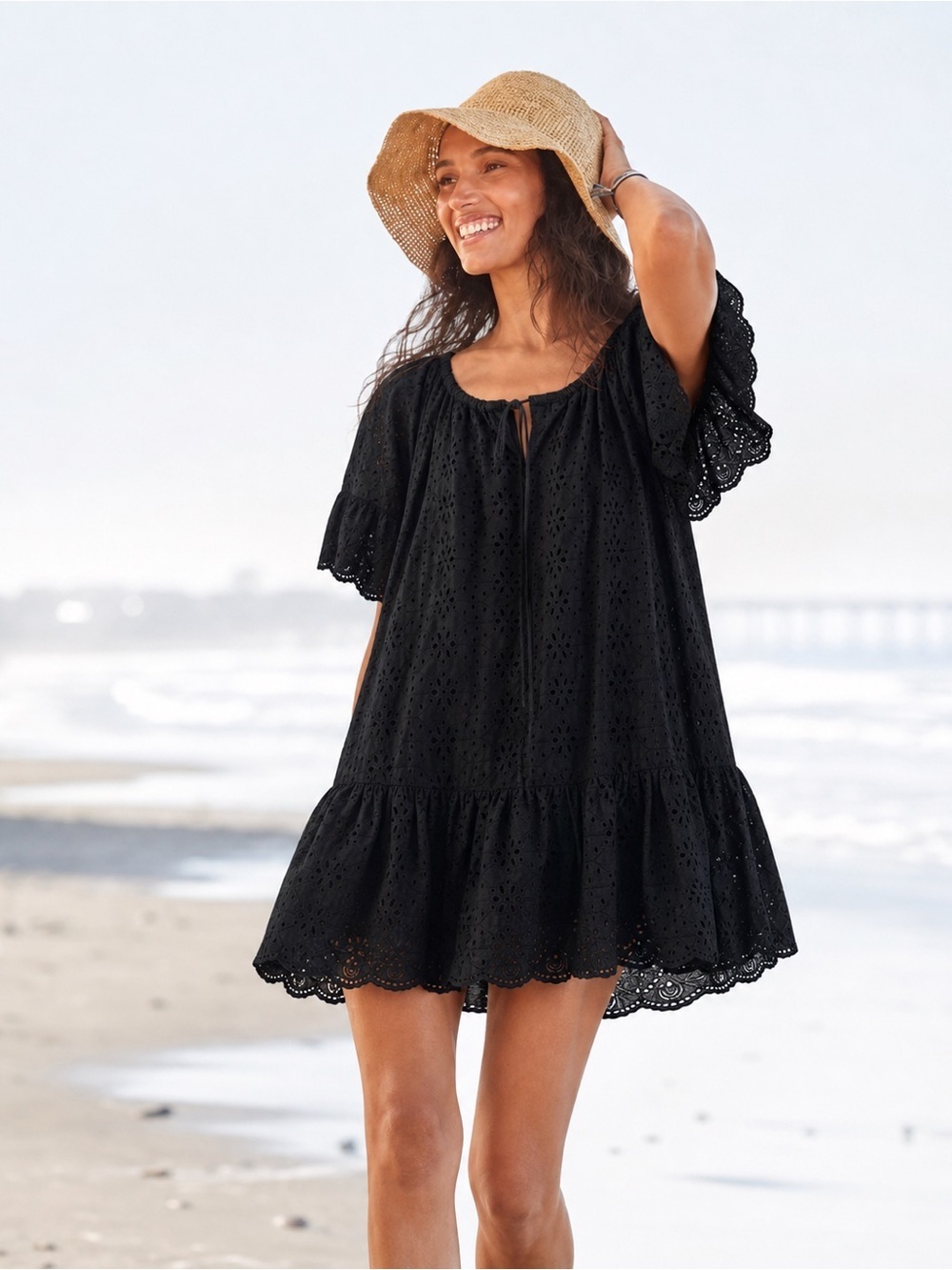 NWT Sundance Moray Black Eyelet Flounce‎ Cover Up Mini Dress Small
